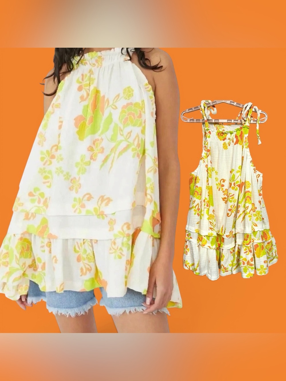 Free People Fleur Dress Top Sz M Cotton Gauze Tiered Tie Shoulder Boho Cottage